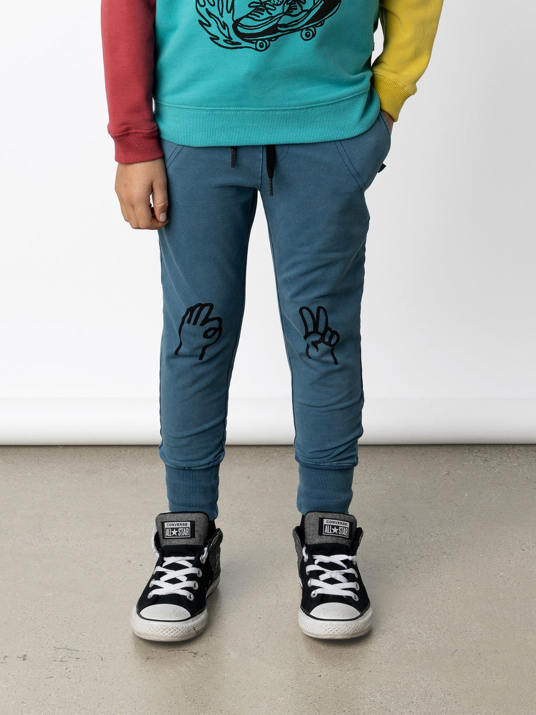 Minti kids clothing. Straight leg trackies with stitched detail pockets, elasticated waistband, shoelace ties and back pocket. 260 Gram // 95% Cotton // 5% Elastane.