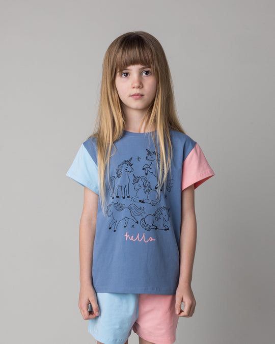 Close up of the Hello Unicorns Tee in mid blue and light blue and pink on a kid, front view