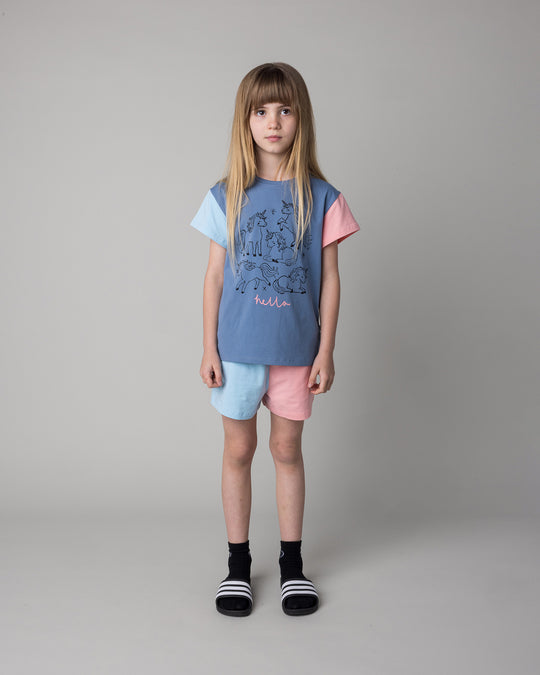 Kid wearing the Hello Unicorns Tee in mid blue and light blue and pink with the Two Tone Short in light blue and pink, front view