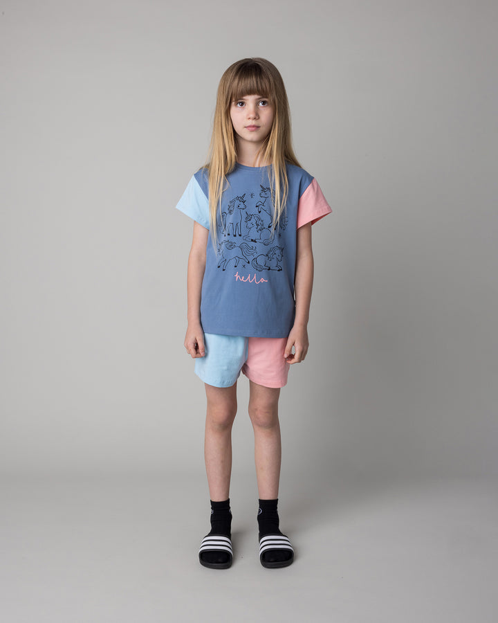 Kid wearing the Hello Unicorns Tee in mid blue and light blue and pink with the Two Tone Short in light blue and pink, front view