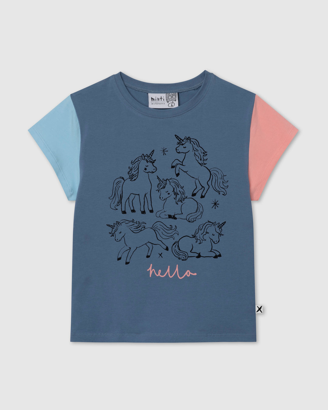 Hello Unicorns Tee in mid blue and light blue and pink, girls t shirt by Minti, flat lay