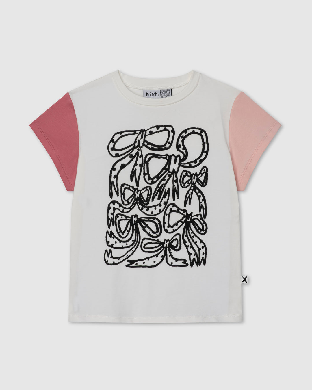 Messy Bows Tee in white and pinks, girls t shirt by Minti, flat lay