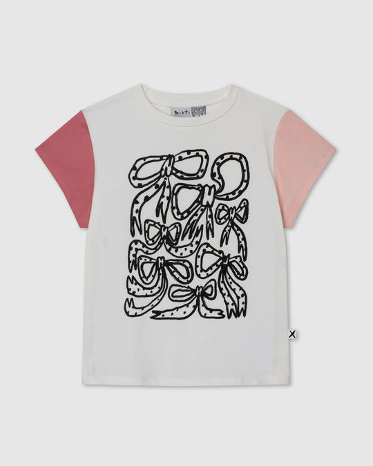 Messy Bows Tee in white and pinks, girls t shirt by Minti, flat lay