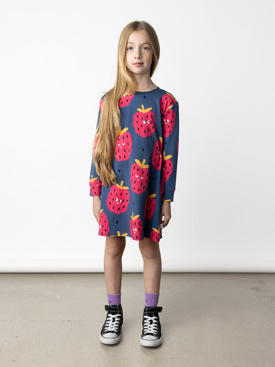 Minti kids clothing. Awesome tshirting weight dress with pinched waist detail. 190 Gram // 95% Cotton // 5% Elastane.