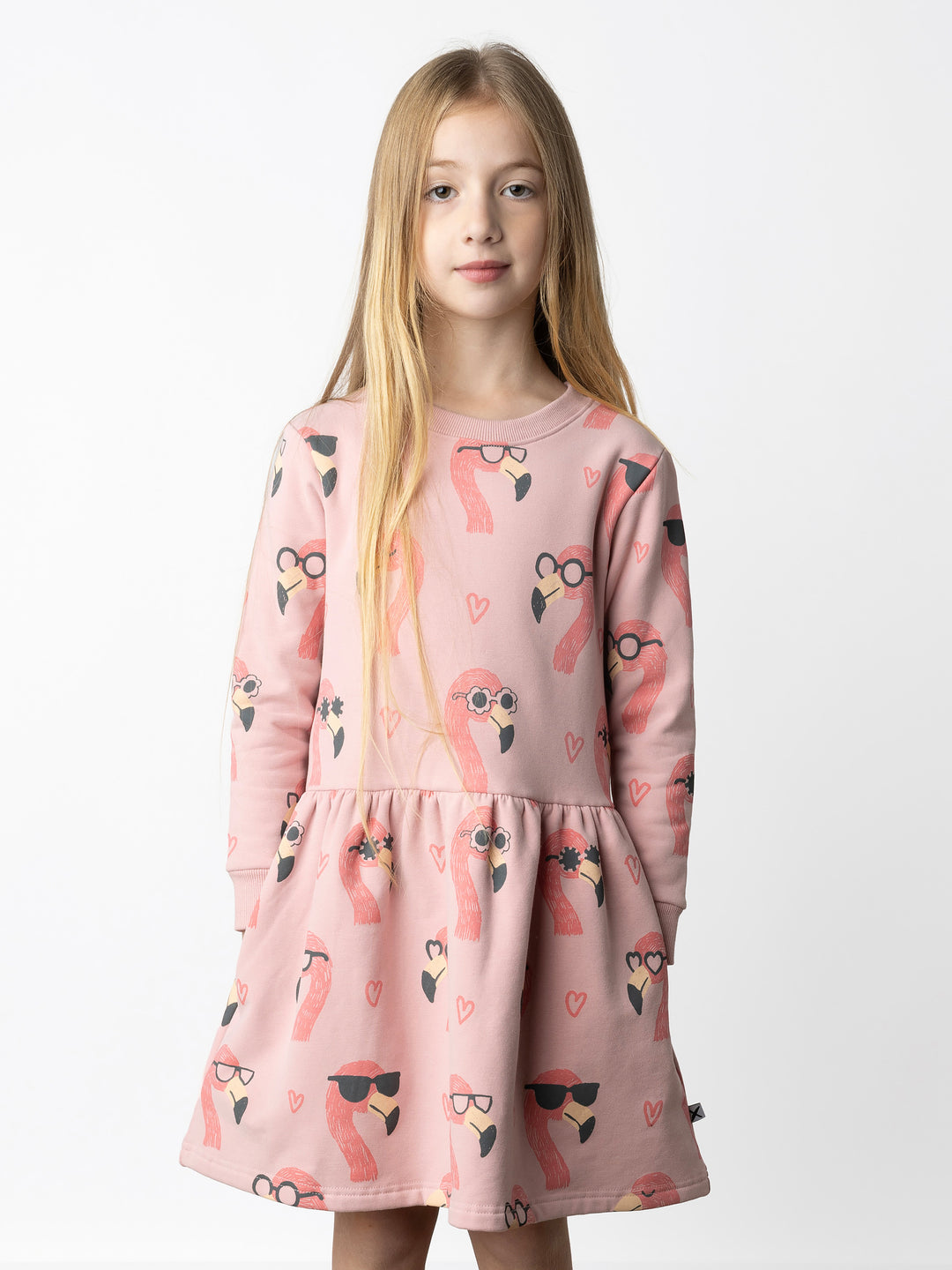 Minti kids clothing. Sweatshirting dress with ruched waist seam and hidden side pockets. 330 Gram // Brushed Inside // 95% Cotton // 5% Elastane.