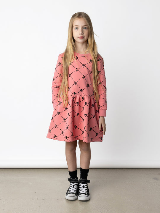 Minti kids clothing. Sweatshirting dress with ruched waist seam and hidden side pockets. 330 Gram // Brushed Inside // 95% Cotton // 5% Elastane.
