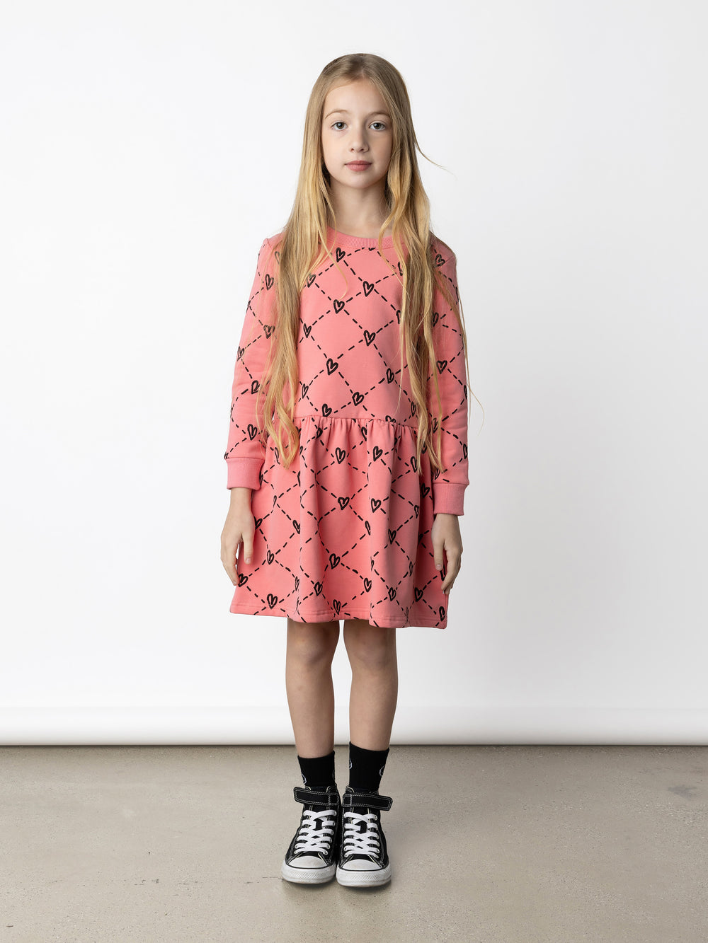 Minti kids clothing. Sweatshirting dress with ruched waist seam and hidden side pockets. 330 Gram // Brushed Inside // 95% Cotton // 5% Elastane.