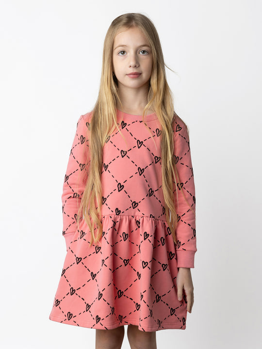 Minti kids clothing. Sweatshirting dress with ruched waist seam and hidden side pockets. 330 Gram // Brushed Inside // 95% Cotton // 5% Elastane.