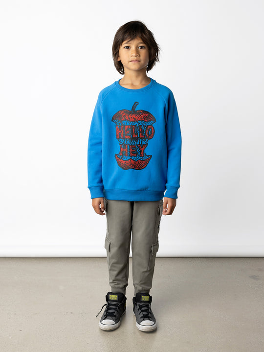 Minti kids clothing. Super cool and comfy crew with hidden side pockets. Perfect for keeping hands warm! 330 Gram // Brushed Inside // 95% Cotton // 5% Elastane.