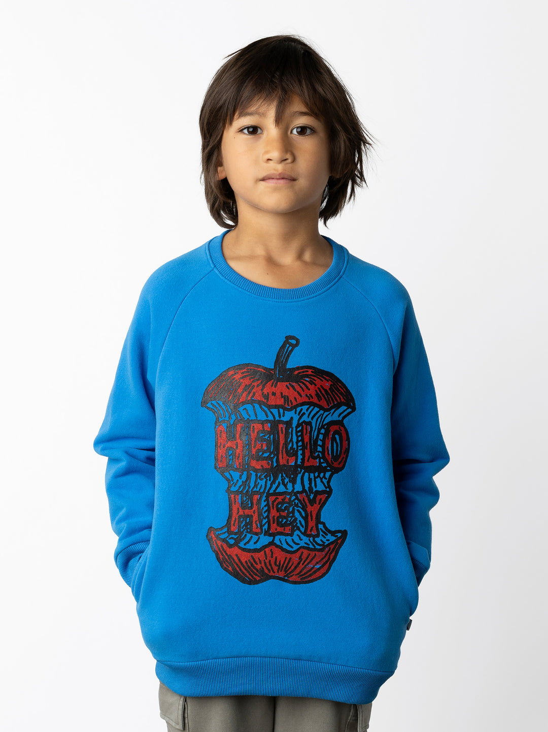 Minti kids clothing. Super cool and comfy crew with hidden side pockets. Perfect for keeping hands warm! 330 Gram // Brushed Inside // 95% Cotton // 5% Elastane.