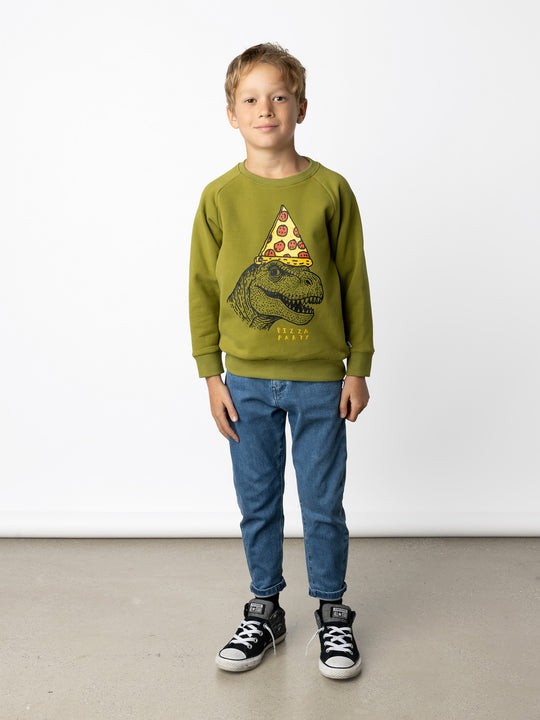 Minti kids clothing. Super cool and comfy crew with hidden side pockets. Perfect for keeping hands warm! 330 Gram // Brushed Inside // 95% Cotton // 5% Elastane.