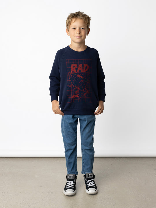 Minti kids clothing. Super cool and comfy crew with hidden side pockets. Perfect for keeping hands warm! 330 Gram // Brushed Inside // 95% Cotton // 5% Elastane.