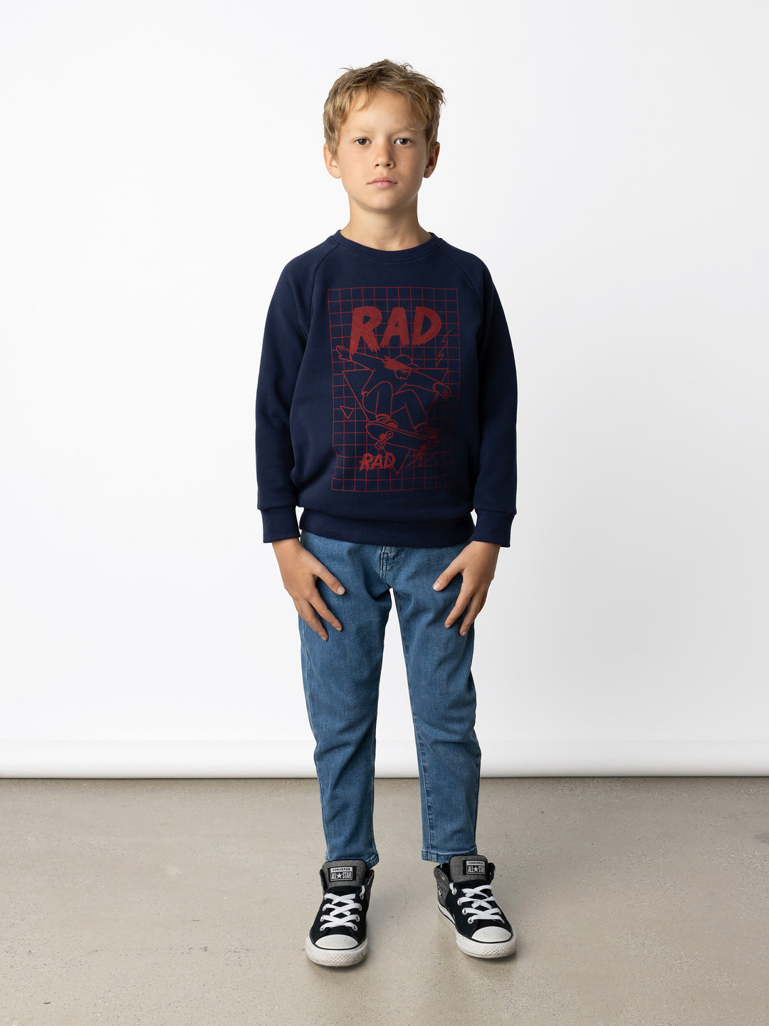 Minti kids clothing. Super cool and comfy crew with hidden side pockets. Perfect for keeping hands warm! 330 Gram // Brushed Inside // 95% Cotton // 5% Elastane.