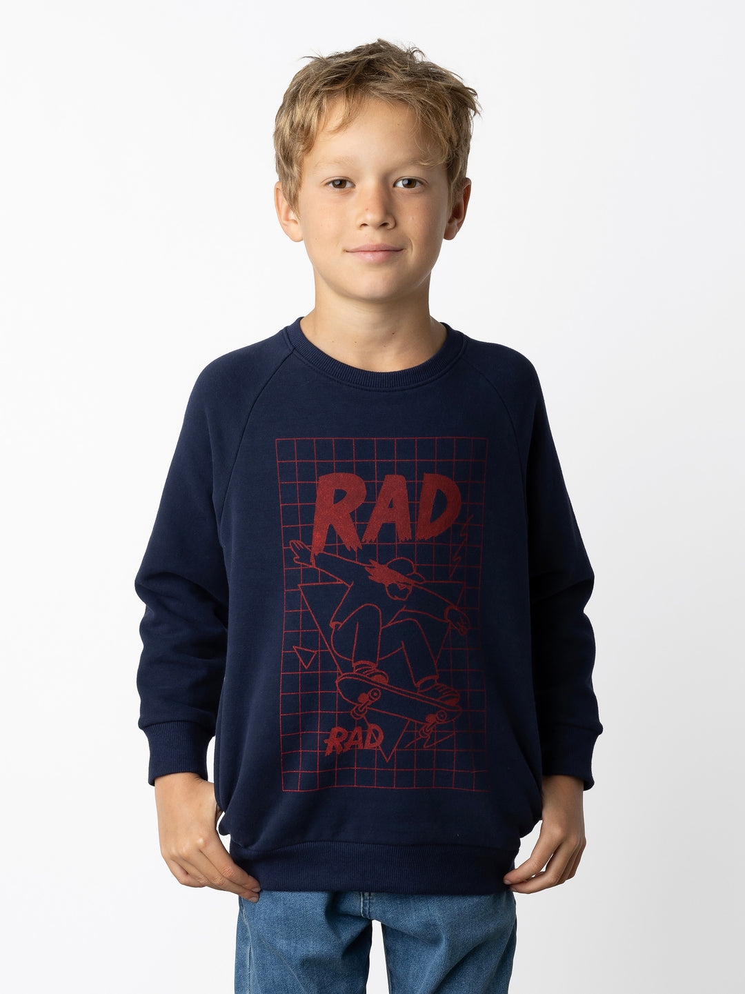 Minti kids clothing. Super cool and comfy crew with hidden side pockets. Perfect for keeping hands warm! 330 Gram // Brushed Inside // 95% Cotton // 5% Elastane.