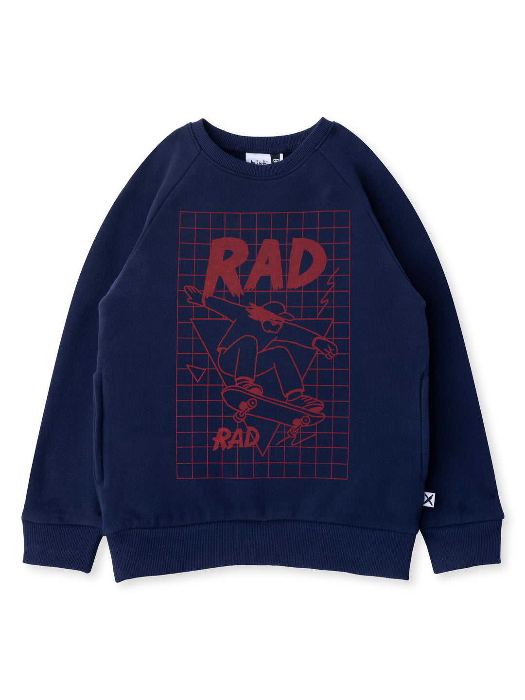 Minti kids clothing. Super cool and comfy crew with hidden side pockets. Perfect for keeping hands warm! 330 Gram // Brushed Inside // 95% Cotton // 5% Elastane.