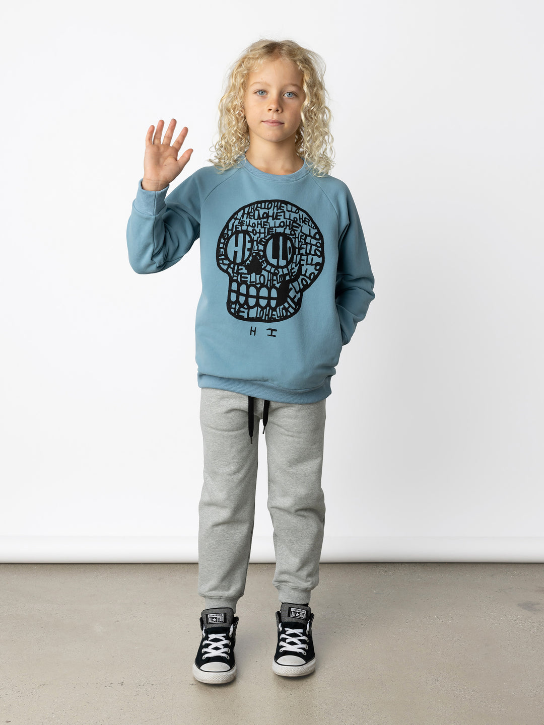 Minti kids clothing. Super cool and comfy crew with hidden side pockets. Perfect for keeping hands warm! 330 Gram // Brushed Inside // 95% Cotton // 5% Elastane.