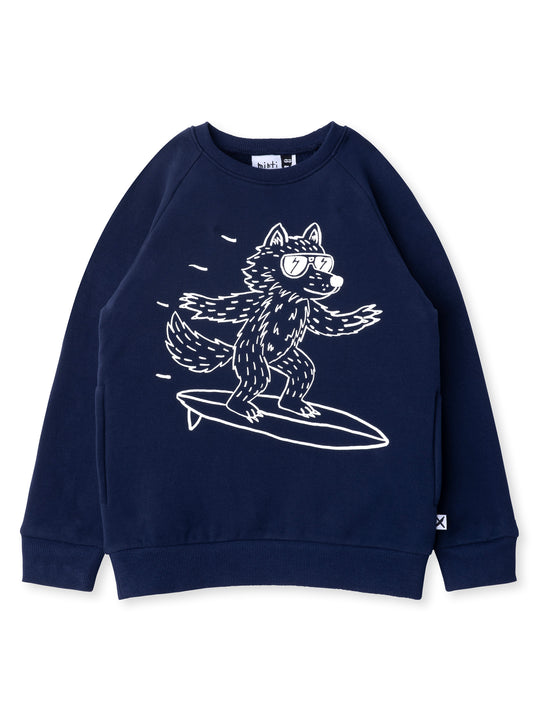 Minti kids clothing. Super cool and comfy crew with hidden side pockets. Perfect for keeping hands warm! 330 Gram // Brushed Inside // 95% Cotton // 5% Elastane.