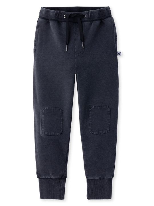 Minti kids clothing. Super luxe trackies with sewn on patch knees, front pockets and shoelace ties. Small Minti embroidery on the back. 260 Gram // 95% Cotton // 5% Elastane.