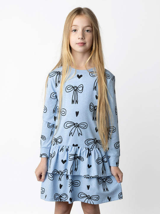 Minti kids clothing. Super pretty tshirting weight dress with skirt frill detail. 180 Gram // 95% Cotton // 5% Elastane.