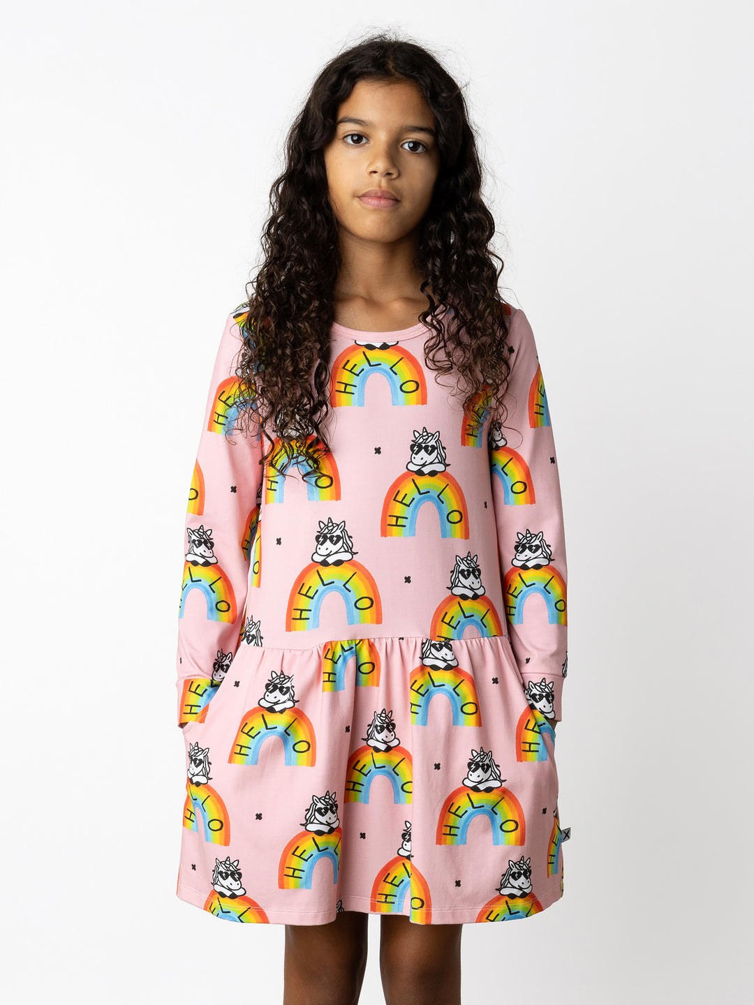 Minti kids clothing. Comfy tshirting weight dress with ruched skirt seam, front pockets and scooped back hem. 190 Gram // 95% Cotton // 5% Elastane