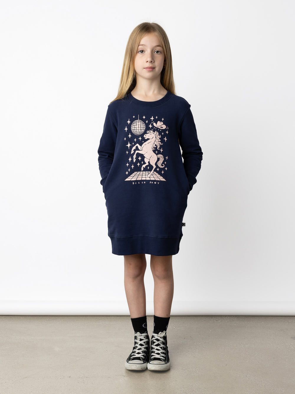 Minti kids clothing. Awesome Crew dress with hidden side pockets, A-Line shape and a 2x2 Rib hem. 330 Gram // Brushed Inside // 95% Cotton // 5% Elastane.