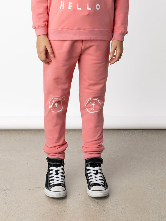 Minti kids clothing. Slim leg trackies with front pockets, shoelace cord and 2x2 rib waistband and cuffs. 330 Gram // Brushed Inside // 95% Cotton // 5% Elastane.