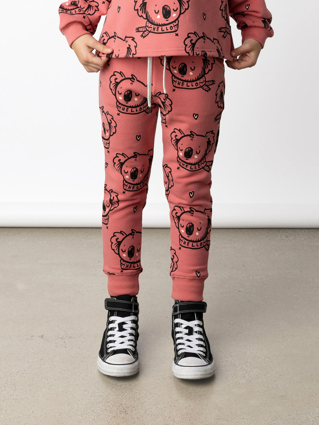 Minti kids clothing. Slim leg trackies with front pockets, shoelace cord and 2x2 rib waistband and cuffs. 330 Gram // Brushed Inside // 95% Cotton // 5% Elastane.