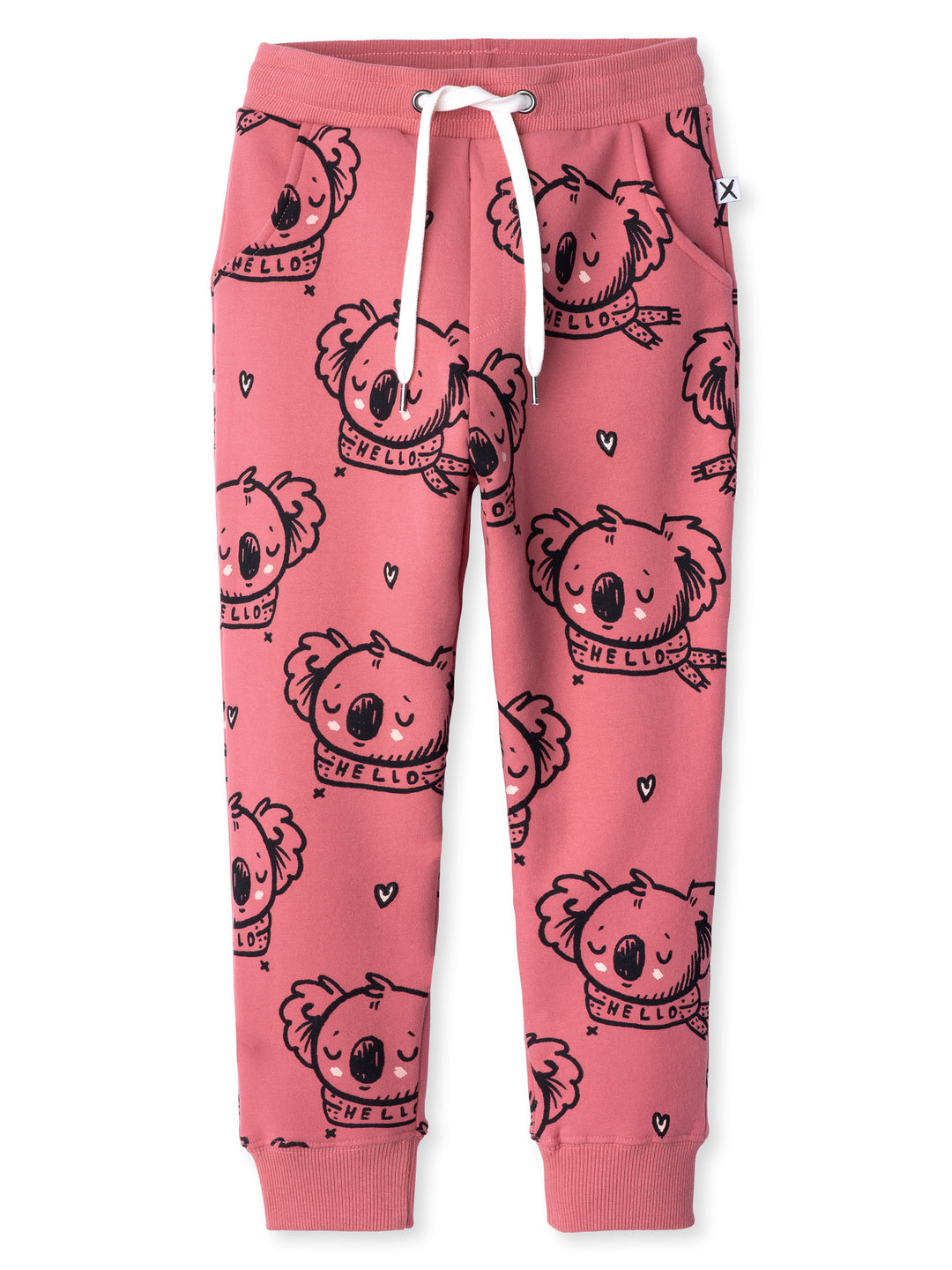 Minti kids clothing. Slim leg trackies with front pockets, shoelace cord and 2x2 rib waistband and cuffs. 330 Gram // Brushed Inside // 95% Cotton // 5% Elastane.
