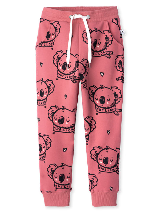Minti kids clothing. Slim leg trackies with front pockets, shoelace cord and 2x2 rib waistband and cuffs. 330 Gram // Brushed Inside // 95% Cotton // 5% Elastane.