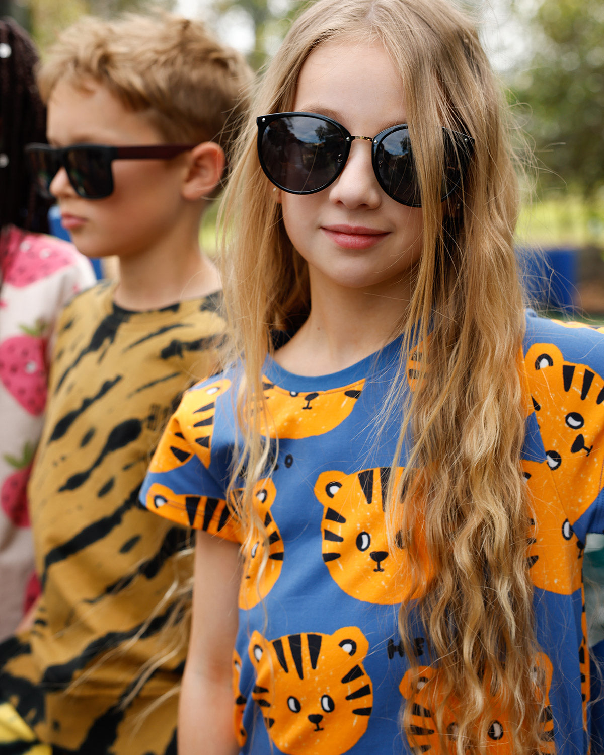 Kids in the Minti Hello Tiger dress and Duo Tie Dye crew