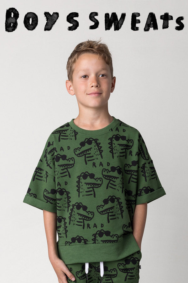 Shop boys sweats at Minti, kid wearing the Rad Croc Short Sleeve Crew in green